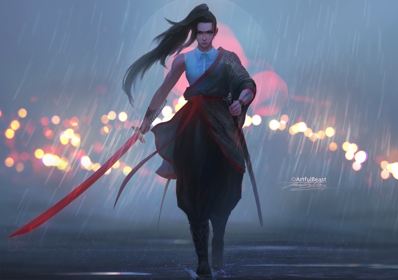 深夜雨夜的武士少女插画合集