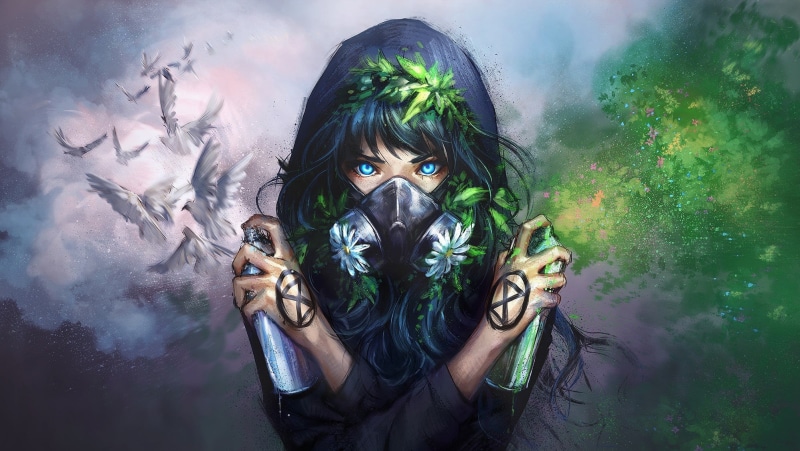 绿衣少女白涂鸦自然艺术蓝眼壁纸