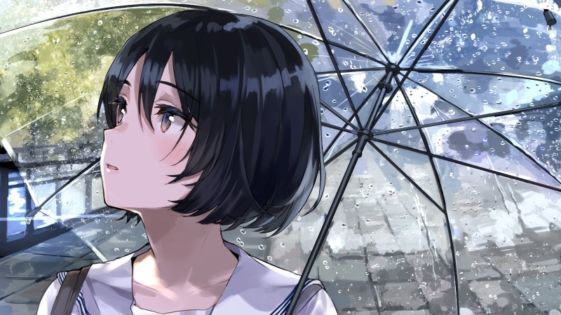 雨天里的黑发幻想少女插画