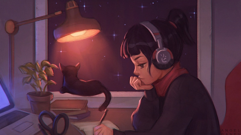 熬夜赶作业的幻想少女 耳机里的星空插画