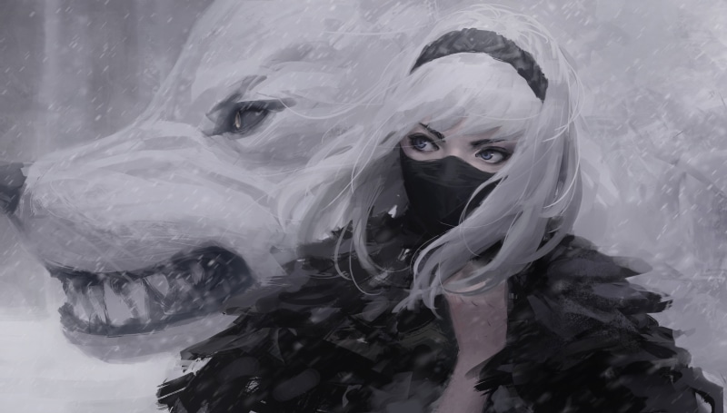 绝美4K幻想插画壁纸！银发少女与雪狼的冬日氛围感拉满