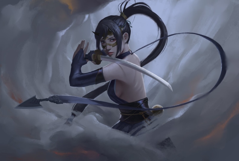 帅炸！长发女忍者持太刀的幻想风插画壁纸合集