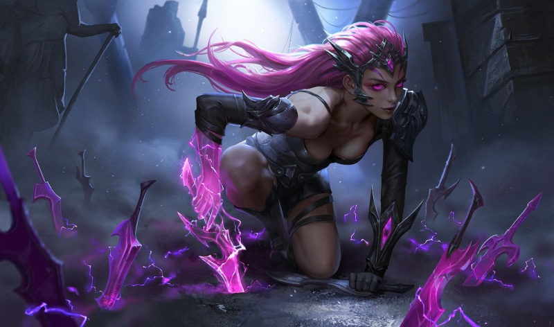 粉发粉眼铠甲女战士暗黑幻想插画壁纸