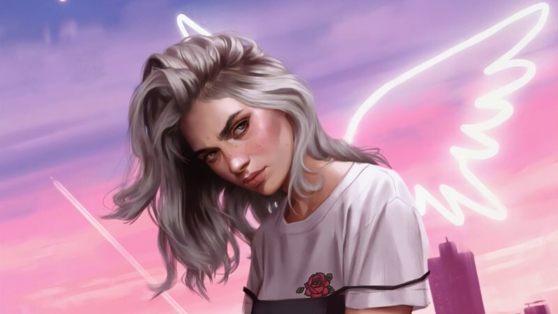 绝美霓虹天使少女插画壁纸