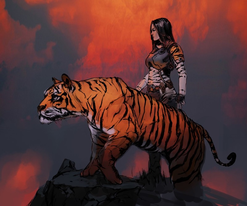 ArtStation手绘作品 奇幻少女与猛虎的漫画风壁纸