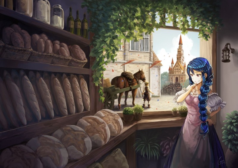 动漫少女绝美壁纸合集 蓝发少女与面包美食