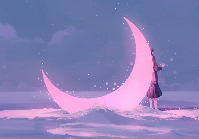 绝美粉月冬日幻想插画壁纸