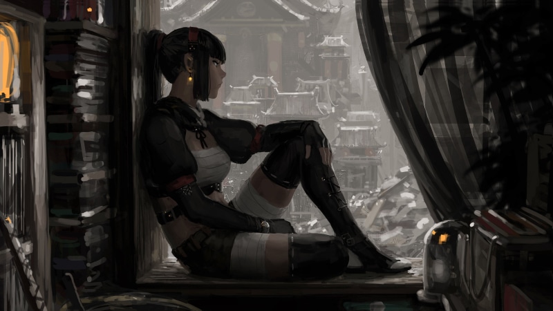 绝美黑发女武士手绘壁纸