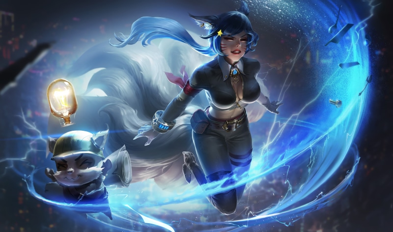 蓝发狐耳幻想少女插画壁纸