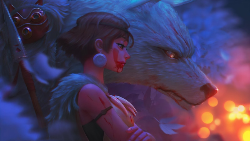 《幽灵公主》奇幻同人插画壁纸 狼与魔法少女的梦幻场景
