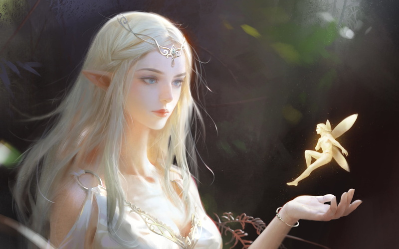 尖耳蓝眼金发仙女壁纸 超清1080P奇幻少女插画合集