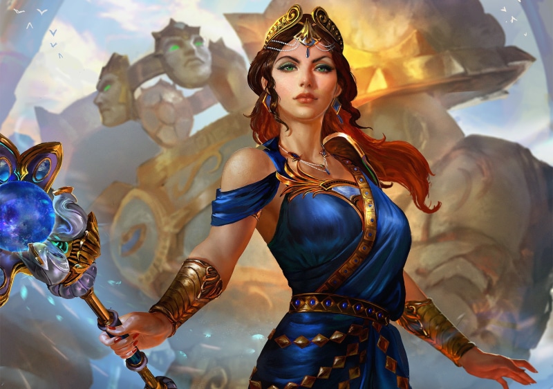 《Smite游戏同人壁纸合集：法师女战士奇幻少女绿眸魔杖造型》