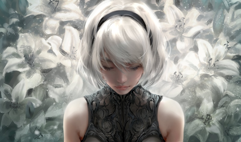 绝美游戏同人壁纸！闭眼白发游戏少女的4K神仙画风