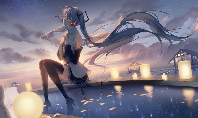 这组初音未来同人壁纸太绝了！长发初音踩云坐云端的画面直接戳中少女心