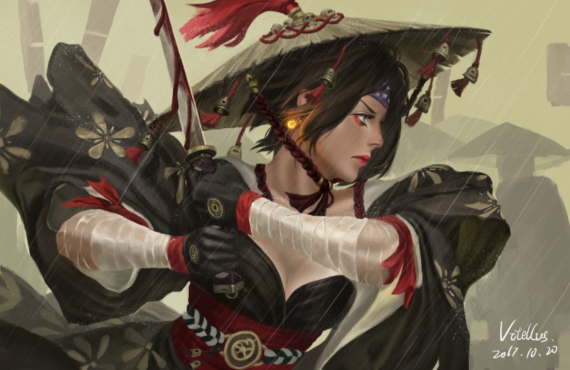 亚裔少女武士刀幻想画作