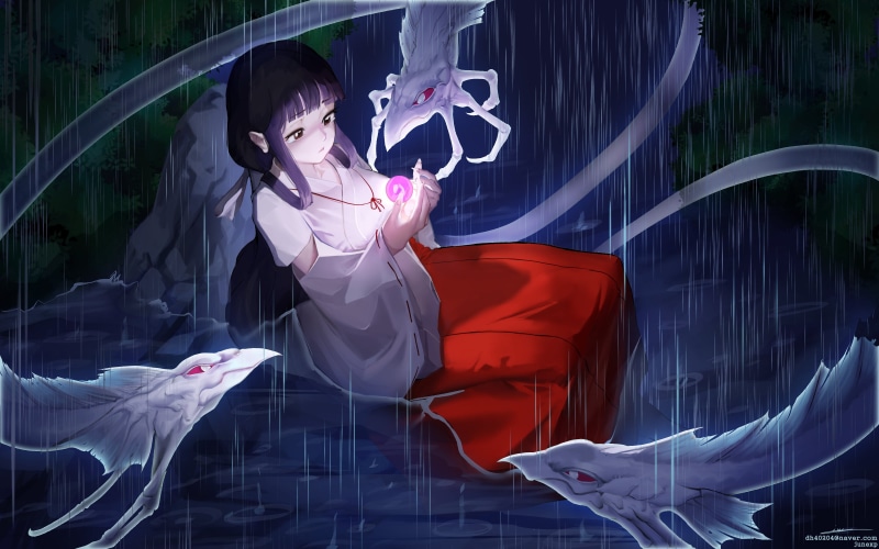 巫女桔梗雨中河畔的二次元同人壁纸