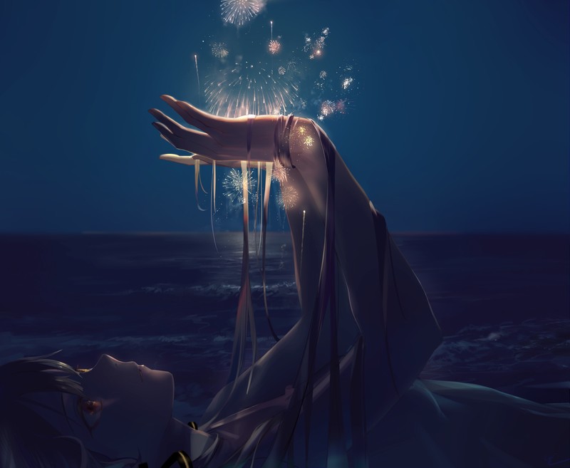 二次元少女海边烟花夜景壁纸