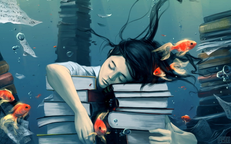 迷幻水下奇幻金鱼手绘！闭眼少女与书的梦幻壁纸