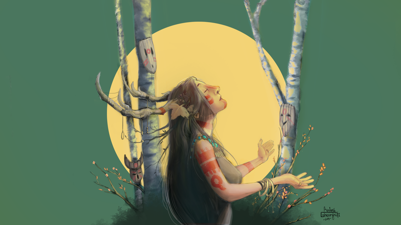 绝美的奇幻艺术壁纸！戴面具的鹿角少女与原住民野性自然之美